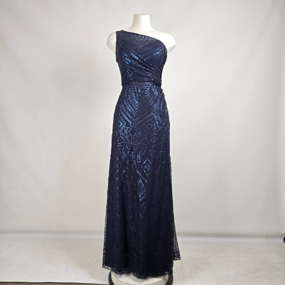 Angelina Faccenda Navy Blue One shoulder Sequined Bridesmaids Gown Size 6
